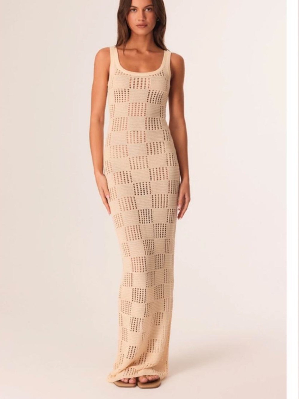 Sleeveless Beige Crochet Maxi Dress by